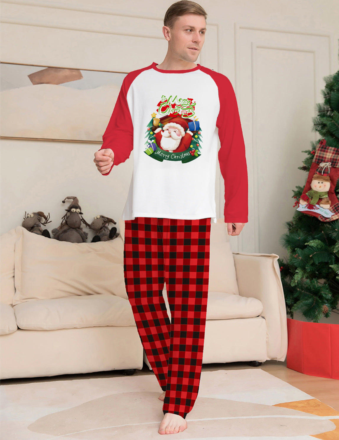Weihnachten Eltern-Kind Kleidung Set Langarm T-Shirt Plaid Hosen Familie Passende Pyjamas