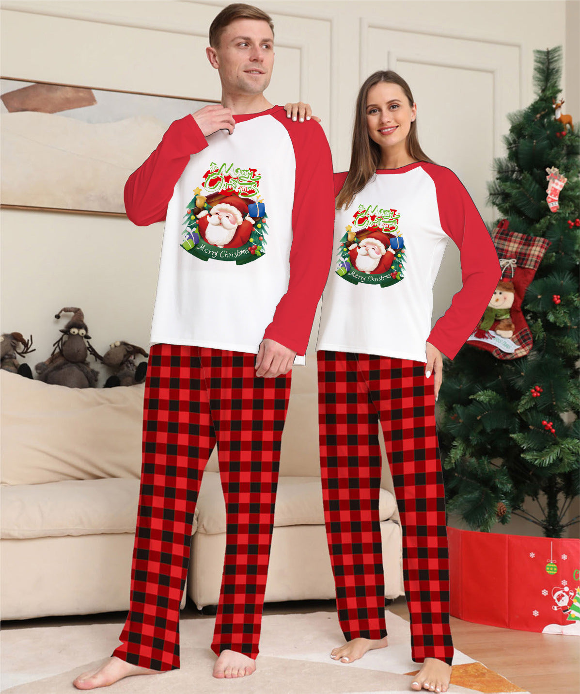 Weihnachten Eltern-Kind Kleidung Set Langarm T-Shirt Plaid Hosen Familie Passende Pyjamas