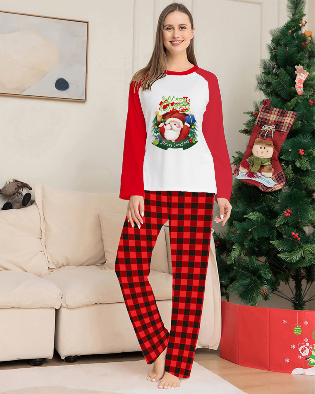 Weihnachten Eltern-Kind Kleidung Set Langarm T-Shirt Plaid Hosen Familie Passende Pyjamas